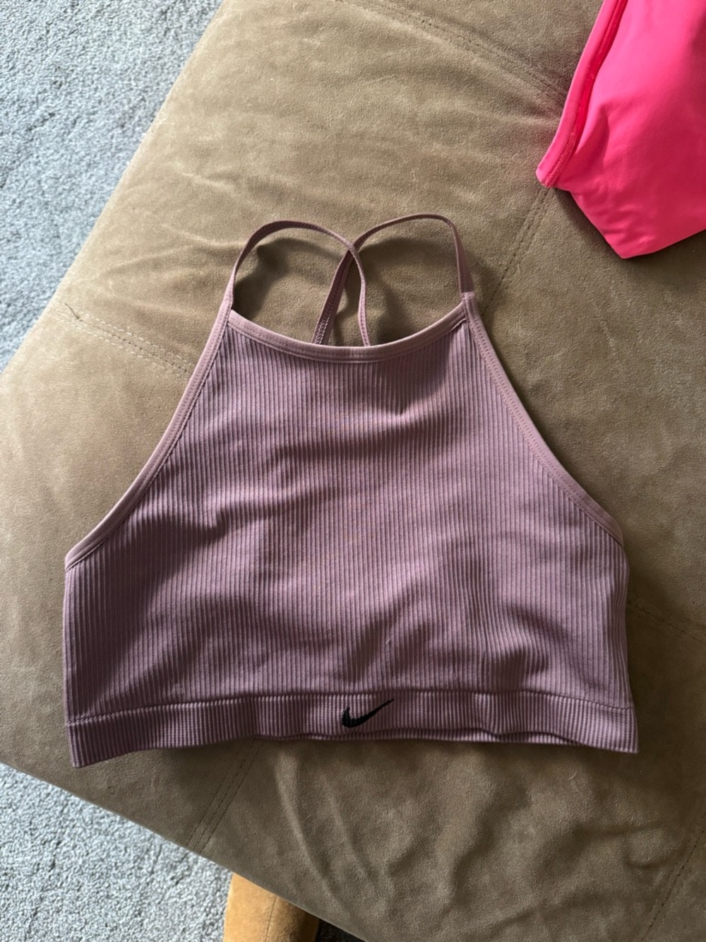 Nike Ribbed High-Neck Sports Bralette in Mauve Pink